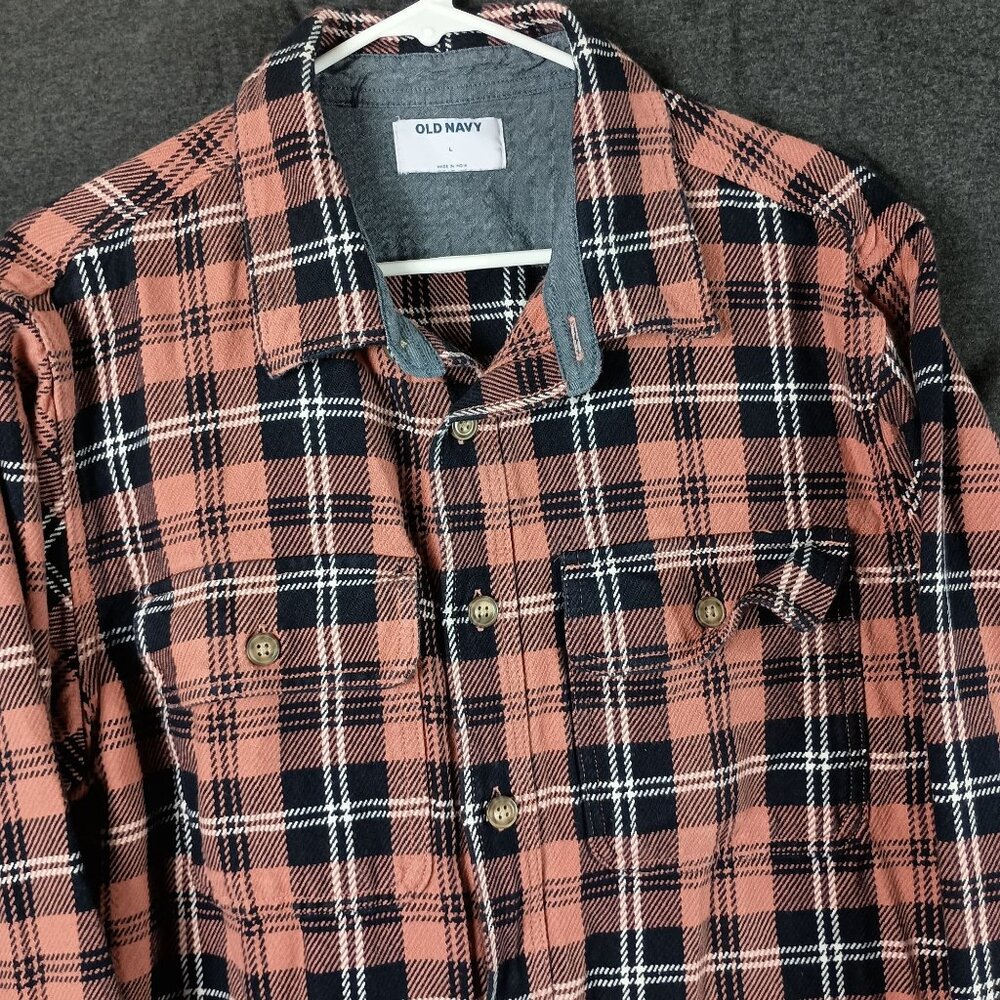 Old Navy Loose Fit Pocket Shirt Shacket Mens L Pink Plaid Grunge 90s Cabincore